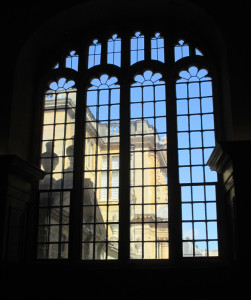 View of the Library through one of the windows of the divinity school.